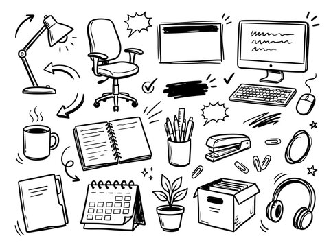 Doodle set of office supplies and business equipment including computer chair desk lamp notebook and coffee mug on white background