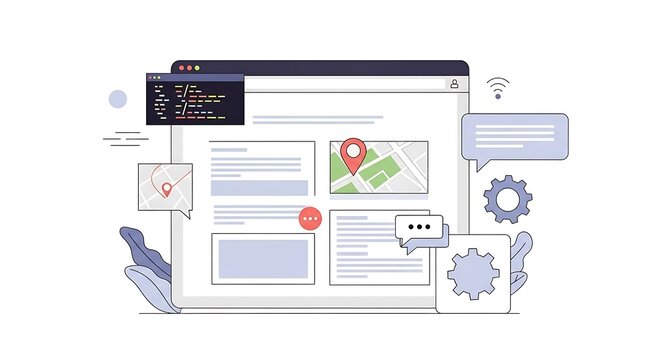 Modern flat vector illustration of a web development interface featuring navigation maps code snippets and settings icons for digital software design projects or professional business web applications