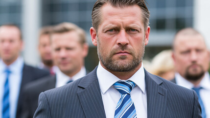 Fototapeta premium Confident businessman wearing a suit and blue tie standing outdoors with colleagues, business