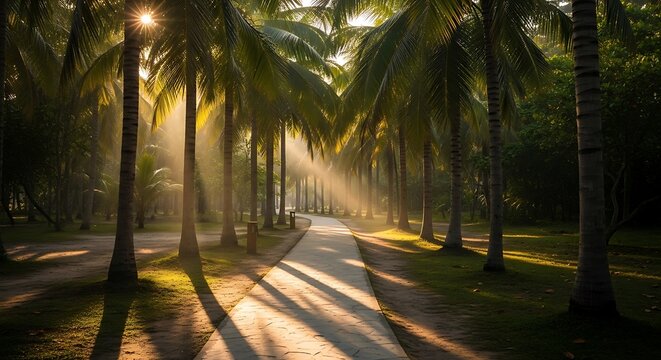 Sunlit tropical forest path with palm trees and shadows.