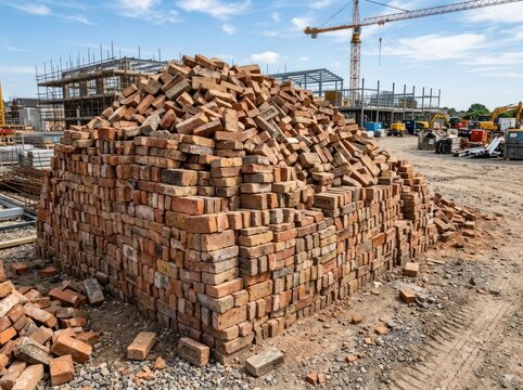 Large Pile of Bricks at Construction Site with Crane.
