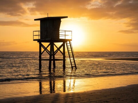 Lifeguard Tower Silhouetted Against Golden Sunset Over Calm Ocean Waters.