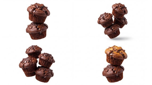 Fresh chocolate muffins stacked in small groups