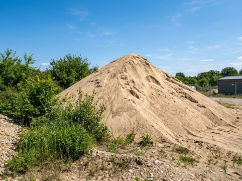 Large pile of sand outdoors on a sunny day with green bushes and blue sky.