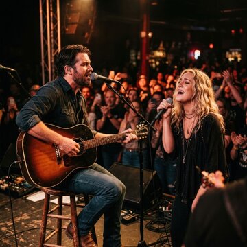 Live Music Performance - Male Guitarist and Female Singer on Stage.
