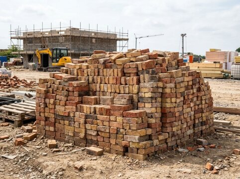 Large Pile of Bricks at Construction Site with Building in Background.