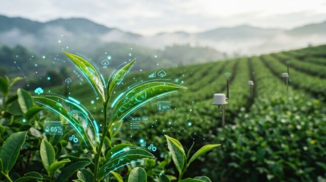 Lush Tea Plantation with Futuristic Technology Enhancing Growth.