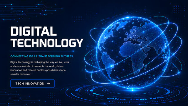 Glowing blue digital globe rotates on circuit platform with technology text and interactive call to action button. Global network connection vector concept. Ideal for tech business banners.
