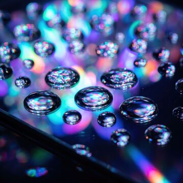 Macro View of Water Droplets Reflecting Colorful Bokeh Lights on a Dark Surface.