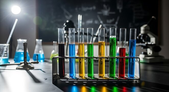 Colorful laboratory glassware filled with liquids.