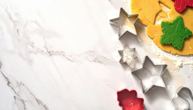 Christmas cookie baking scene with colorful star and leaf biscuits, metal cookie cutter, flour, and marble surface creating festive holiday preparation mood