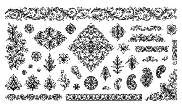 Vintage Baroque Paisley Floral Vector Ornament Set with Elegant Damask Borders and Traditional Ethnic Vine Pattern Symbols for Luxury Wedding Invitation Designs