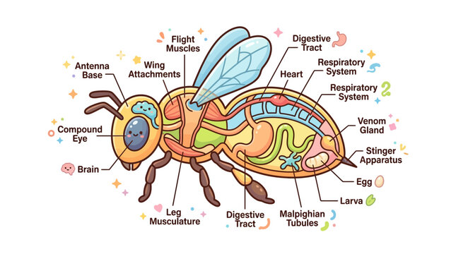 Cute Bee Anatomy Diagram with Labels, Kawaii Style