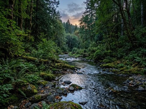 Lush Green Forest River Flowing Through Mossy Rocks at Sunset.