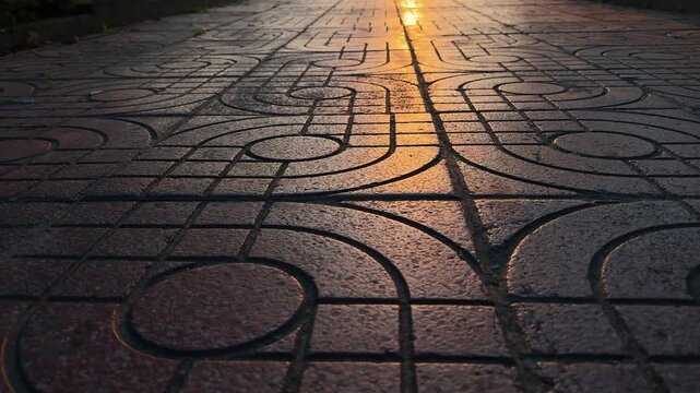 Ornate paving slabs illuminated by Golden sunset light. Slider motion cinematic close up shot 
