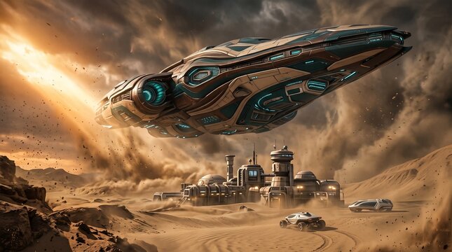 Massive futuristic spaceship hovering over desert colony settlement landscape