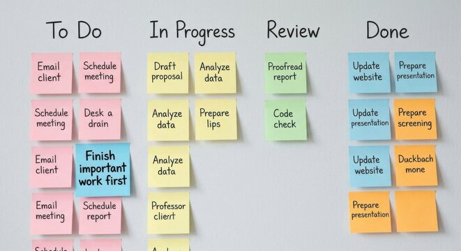 Kanban Sticky Note Board Illustrating Project Workflow: In Progress and Review Columns