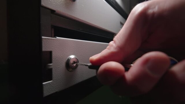 Hand Unlocking Mailbox with Key in Slow Motion | Close Up View of Opening Metal Postbox with Bills Inside | Mail Delivery and Payment Concept