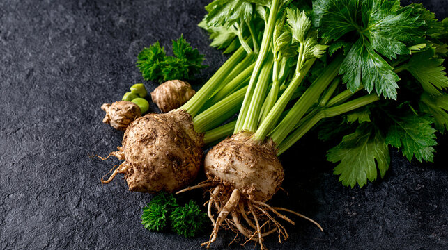 Fresh organic celeriac root with green leafy stems and parsley on dark stone surface, celeriac