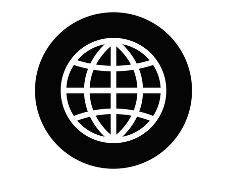 A simple black and white icon of a globe on a circular background