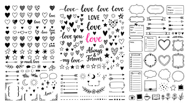 Handwritten romantic words and doodle shapes arranged in a collection for creative card crafting projects and journal decoration featuring numerous hearts and stars