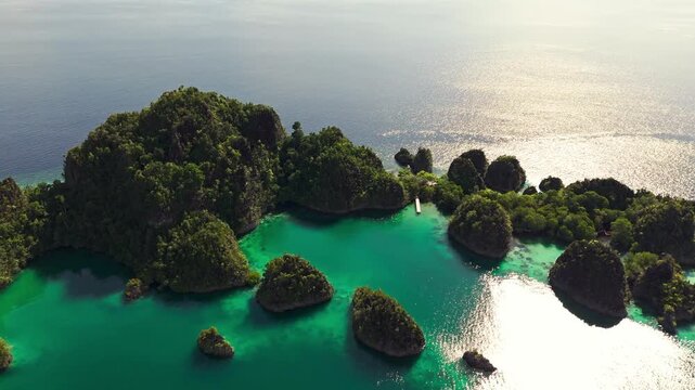 Aerial drone view of the iconic Piaynemo karst islands in Raja Ampat, Indonesia. Turquoise waters surround dramatic limestone formations and lush green islands, creating a spectacular tropical seascap