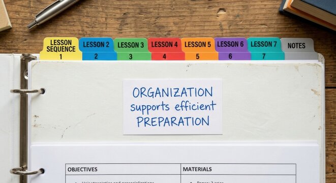 Index tabs labeled lesson 1-6 and a card reading organization supports efficient preparation