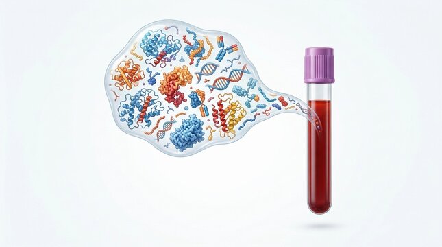 Medical illustration of a blood test tube showing molecular components like DNA helix and proteins