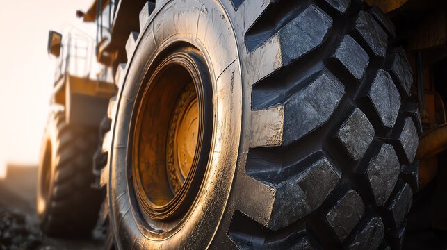 Close-up of a construction vehicle tire.