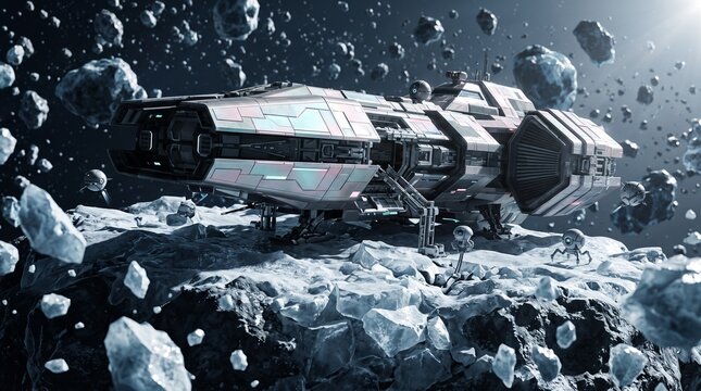 Heavy industrial spaceship landed on asteroid field in deep space with spaceship