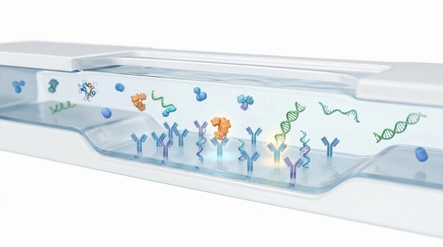 Scientific illustration of a lab on a chip device showing DNA strands and antibody biosensors
