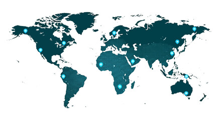 Fototapeta premium Global World Map with Blue Glowing Location Pins and Digital Dot Pattern - Concept for Connectivity, International Business Network, and Worldwide Logistics Illustration
