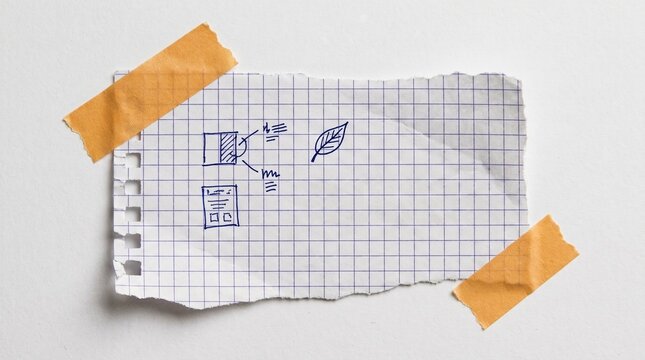 Grid paper note with hand drawn sketches and tape
