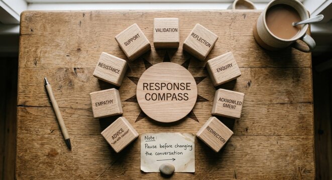 Response Compass Tool With Wooden Cubes Arranged Radially on Wood Surface