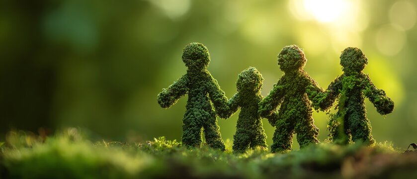 Moss figures holding hands in a lush forest.