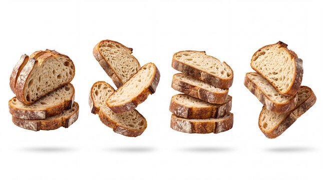 Fresh baked bread slices falling in the air