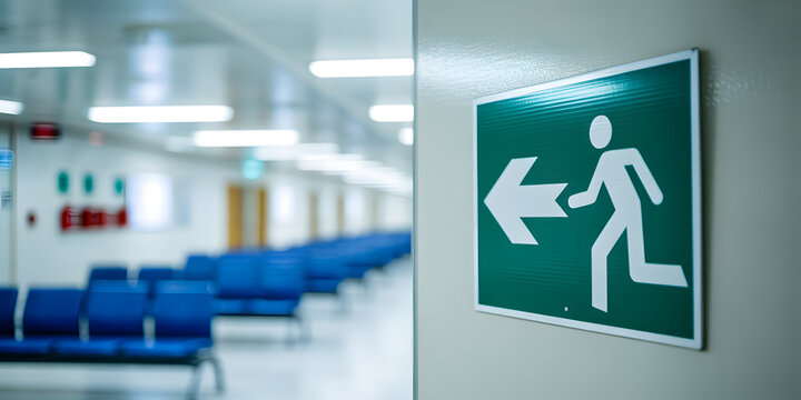 Green exit sign on wall in brightly lit hospital hallway with rows of blue empty seating.