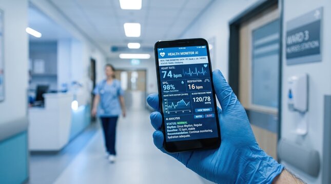 Doctor holding smartphone with health monitor AI app displaying heart rate and vital signs in hospital corridor, representing telemedicine, digital healthcare, and medical