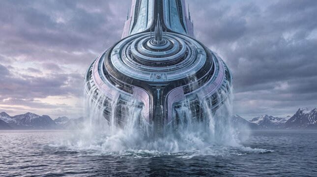Massive futuristic spacecraft rising from ocean water near mountain range