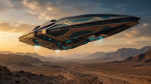 Futuristic sci fi spaceship hovering above desert canyon valley with spaceship
