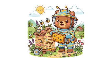 Fototapeta premium Cute Bear Beekeeper with Honeycomb and Hive
