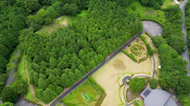 三重県民の森、新緑を貫く道路の空撮風景