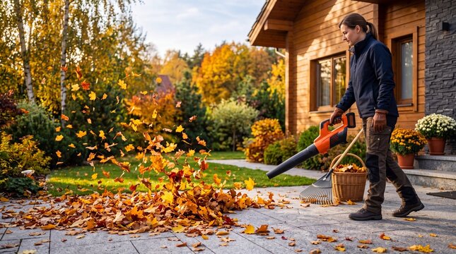 Woman using cordless leaf blower to clear autumn foliage from patio in front of wooden house with flying yellow leaves.