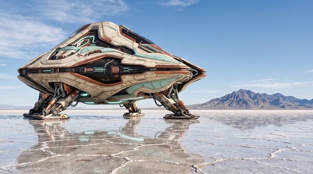 Futuristic spacecraft landed on salt flat landscape under blue sky with mountain