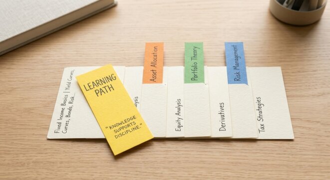 Yellow Learning Path Bookmark with Financial Tabs on Wooden Surface