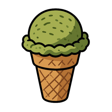 Single scoop matcha green tea ice cream in waffle cone illustration isolated on white background