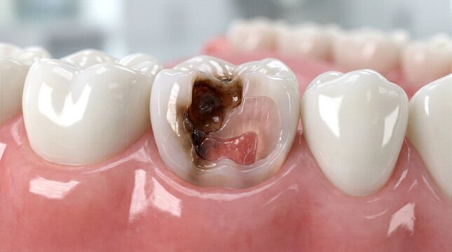 Macro 3D render of human tooth cross section showing deep decay cavity and internal nerve structure for dental health and stomatology education