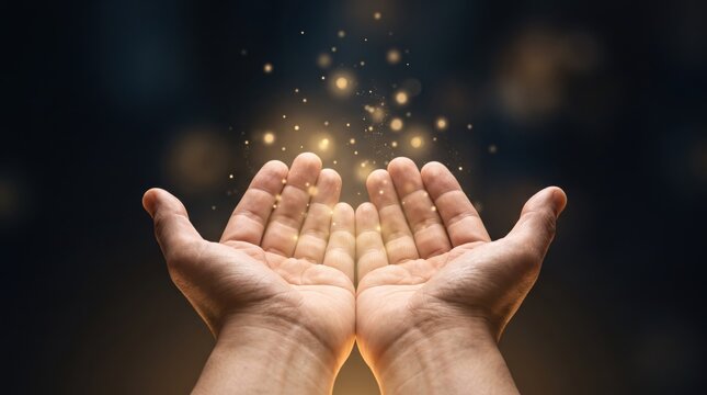 Open hands holding glowing golden magic dust, spiritual energy, hope, manifestation, healing power concept against dark background