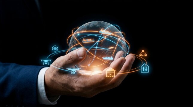 Global logistics network concept showing male hand holding glowing digital earth hologram surrounded by international shipping drone delivery and transportation icons