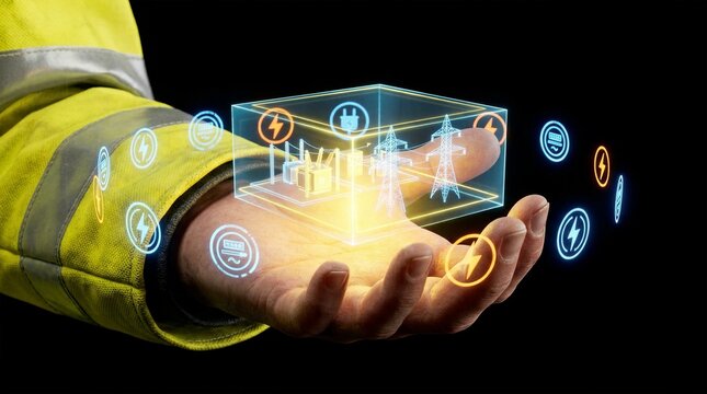 Engineer hand supporting a glowing 3D box containing an electrical substation and transmission towers representing digital twin energy infrastructure